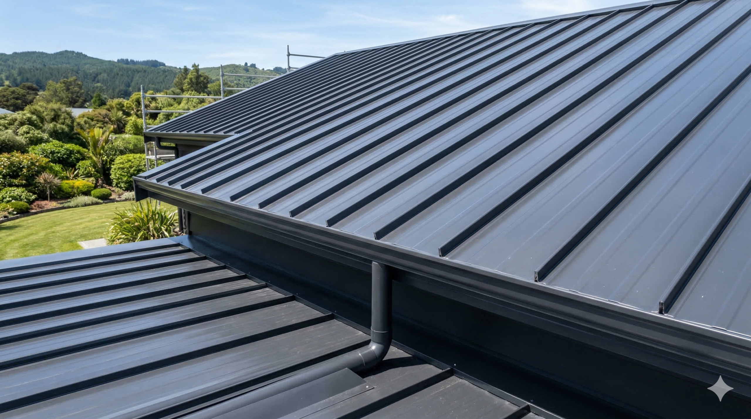A newly installed dark grey Colorsteel roof on a modern New Zealand residential home, complete with new fascia and spouting