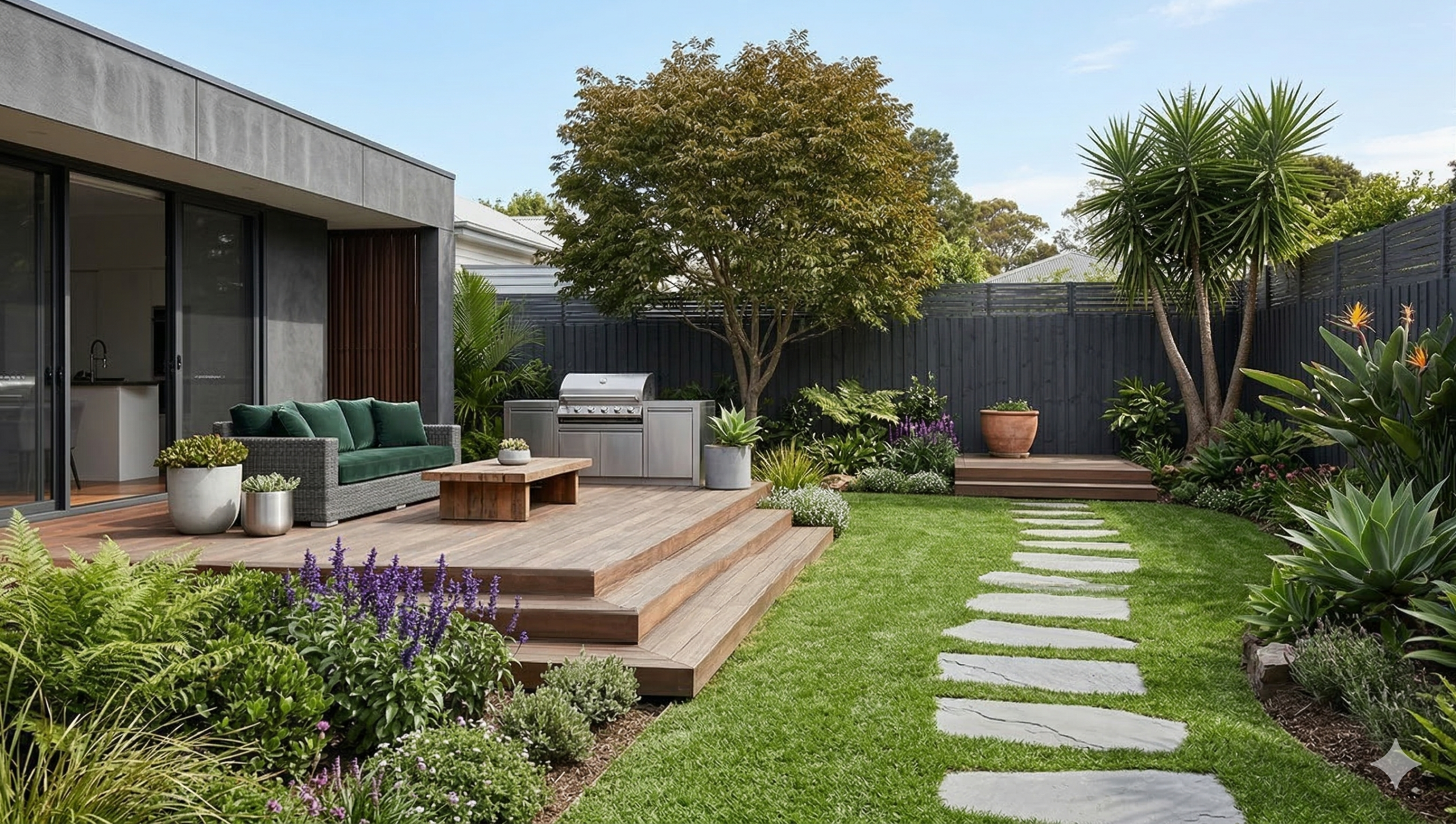 Modern backyard landscaping with decking, paving, and planting in New Zealand