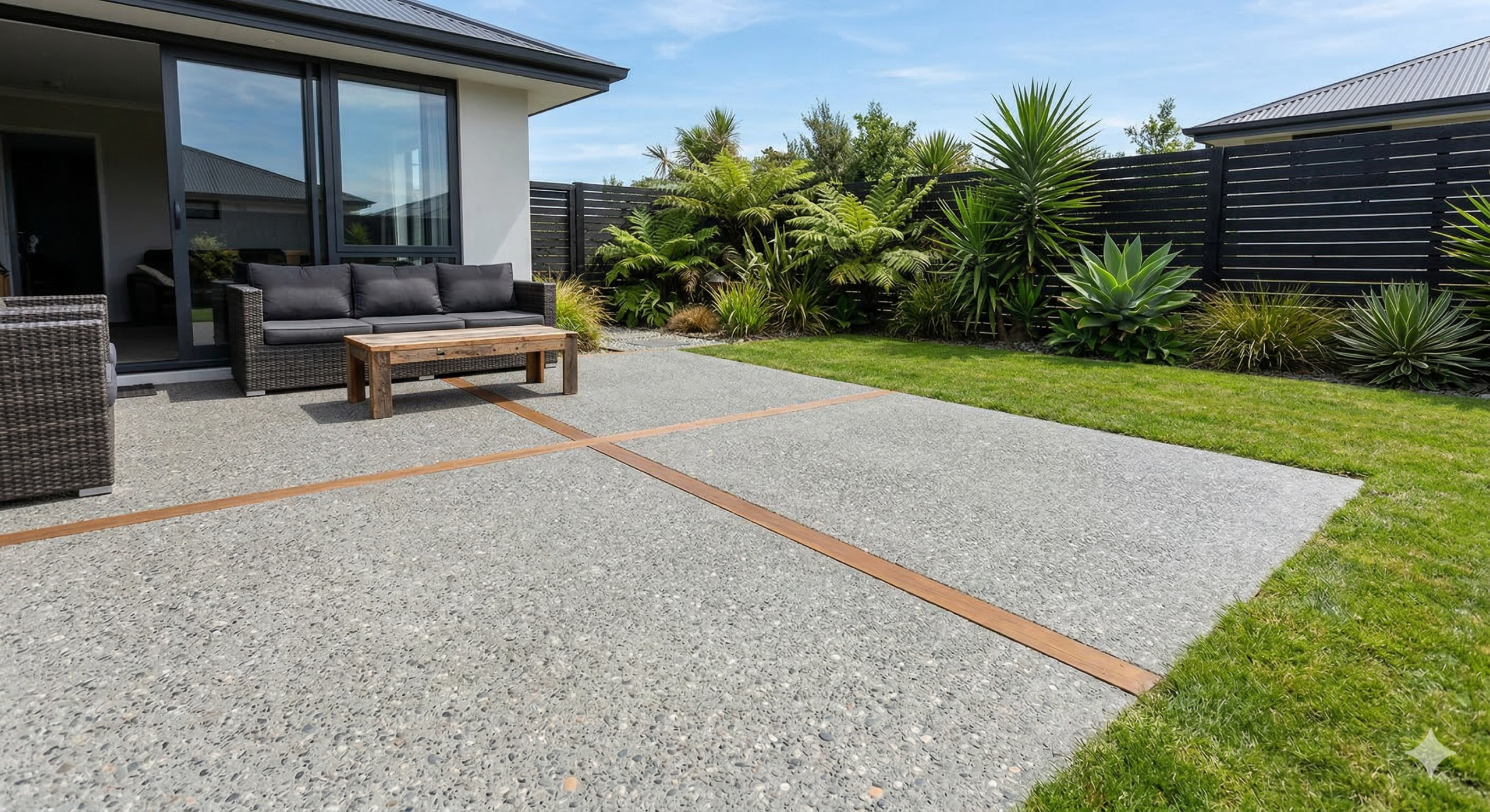 Exposed aggregate concrete patio installed in a New Zealand backyard with integrated timber expansion joints and modern landscaping.