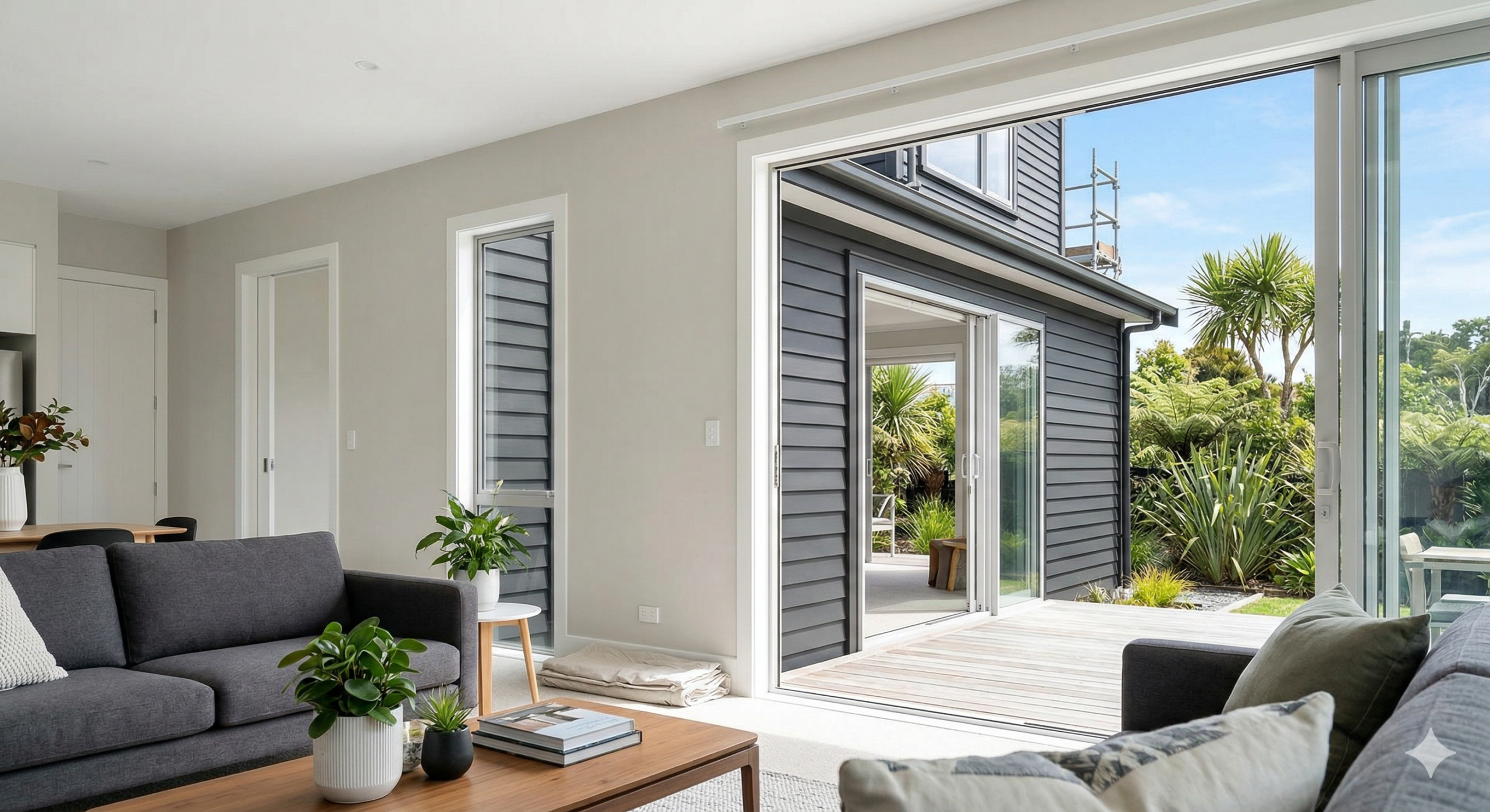 A professionally painted modern New Zealand home interior showing living area walls and a glimpse of the exterior weatherboards, representing a full repaint project.