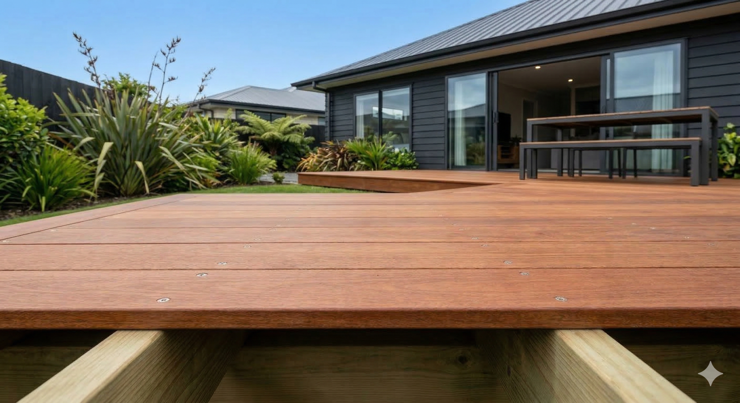 A newly built premium Kwila hardwood deck in a modern New Zealand backyard, featuring stainless steel screws and a H3.2 treated pine subframe.