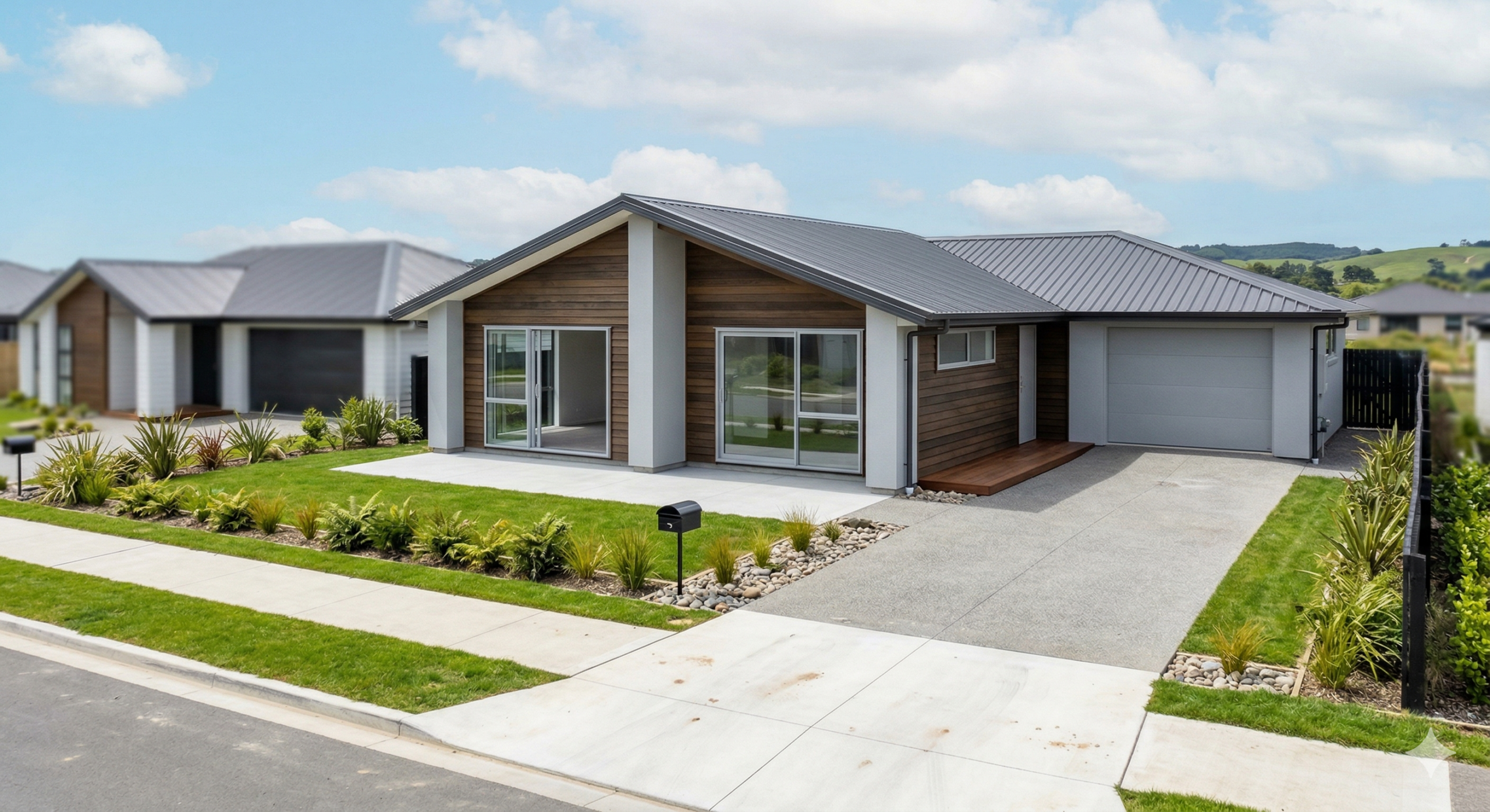 A newly constructed modern single-storey 3-bedroom house in New Zealand featuring weatherboard cladding, a concrete driveway, and basic landscaping.