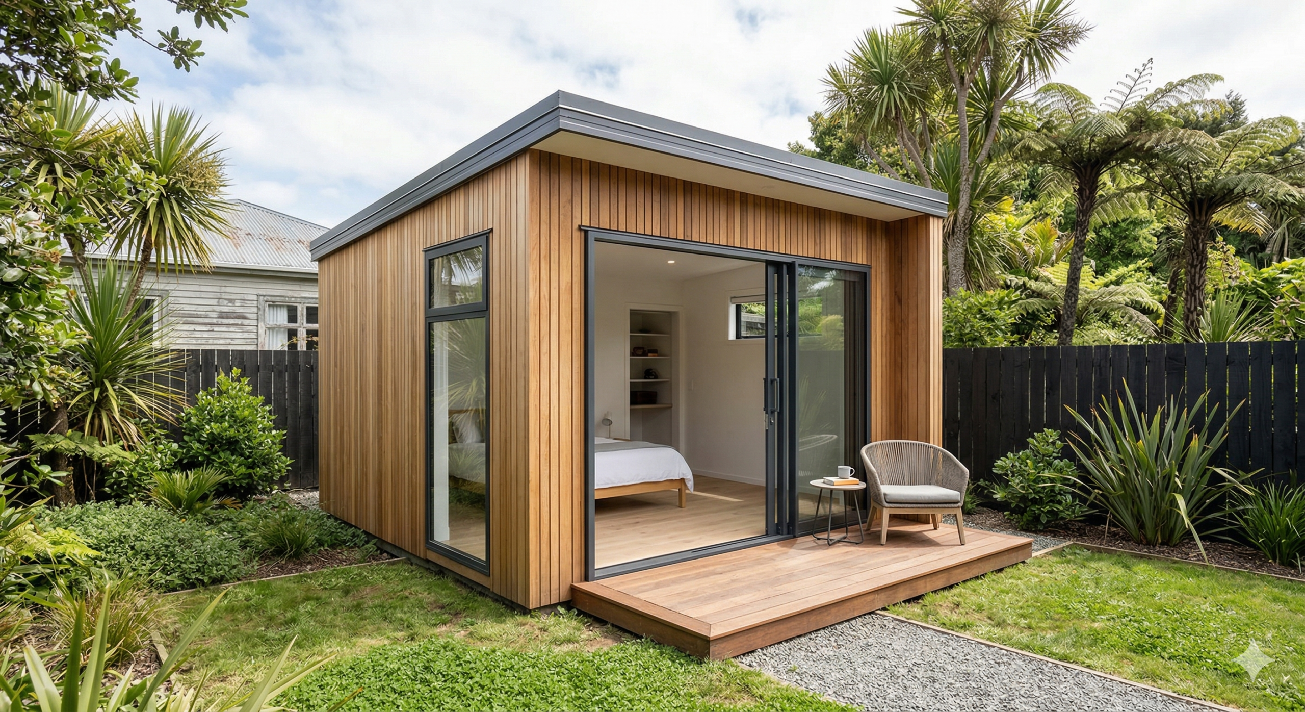 A modern timber-clad 30m² sleepout in a New Zealand backyard featuring vertical cedar cladding, double-glazed ranch sliders, and a small wooden deck.