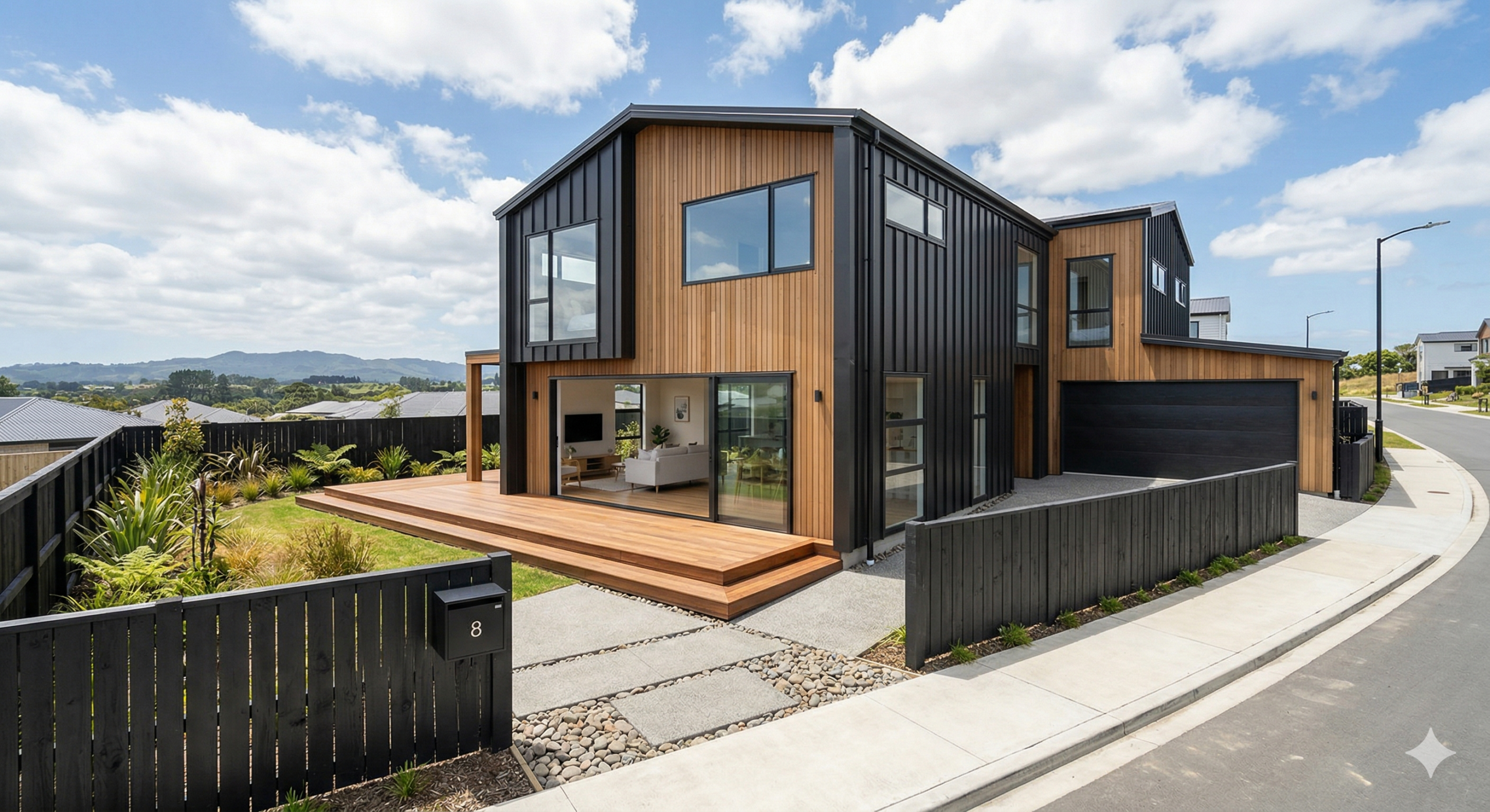 A newly built, modern two-storey 4-bedroom family home in New Zealand featuring dark brick and vertical cedar cladding, a double garage, and a concrete driveway.