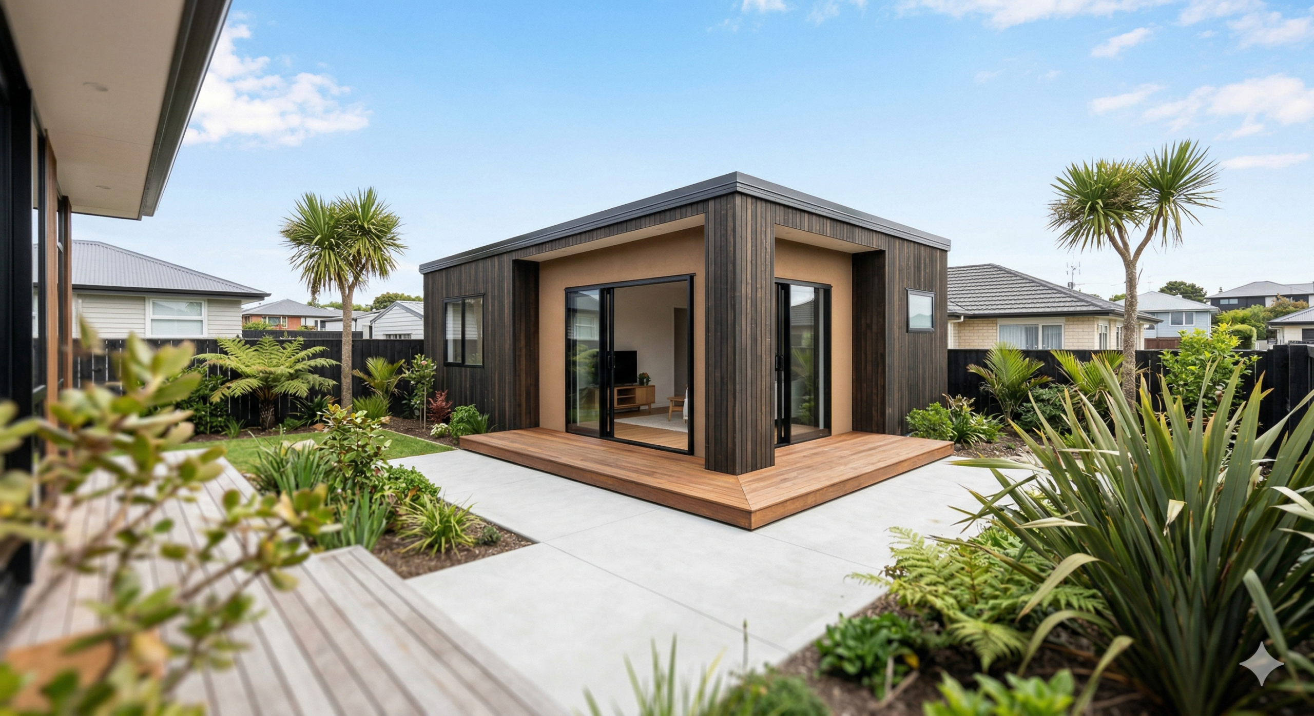 A newly built premium modern detached 70m2 granny flat with natural timber cladding and warm plaster accents in a New Zealand residential backyard, complete with a wrapped Vitex hardwood deck.