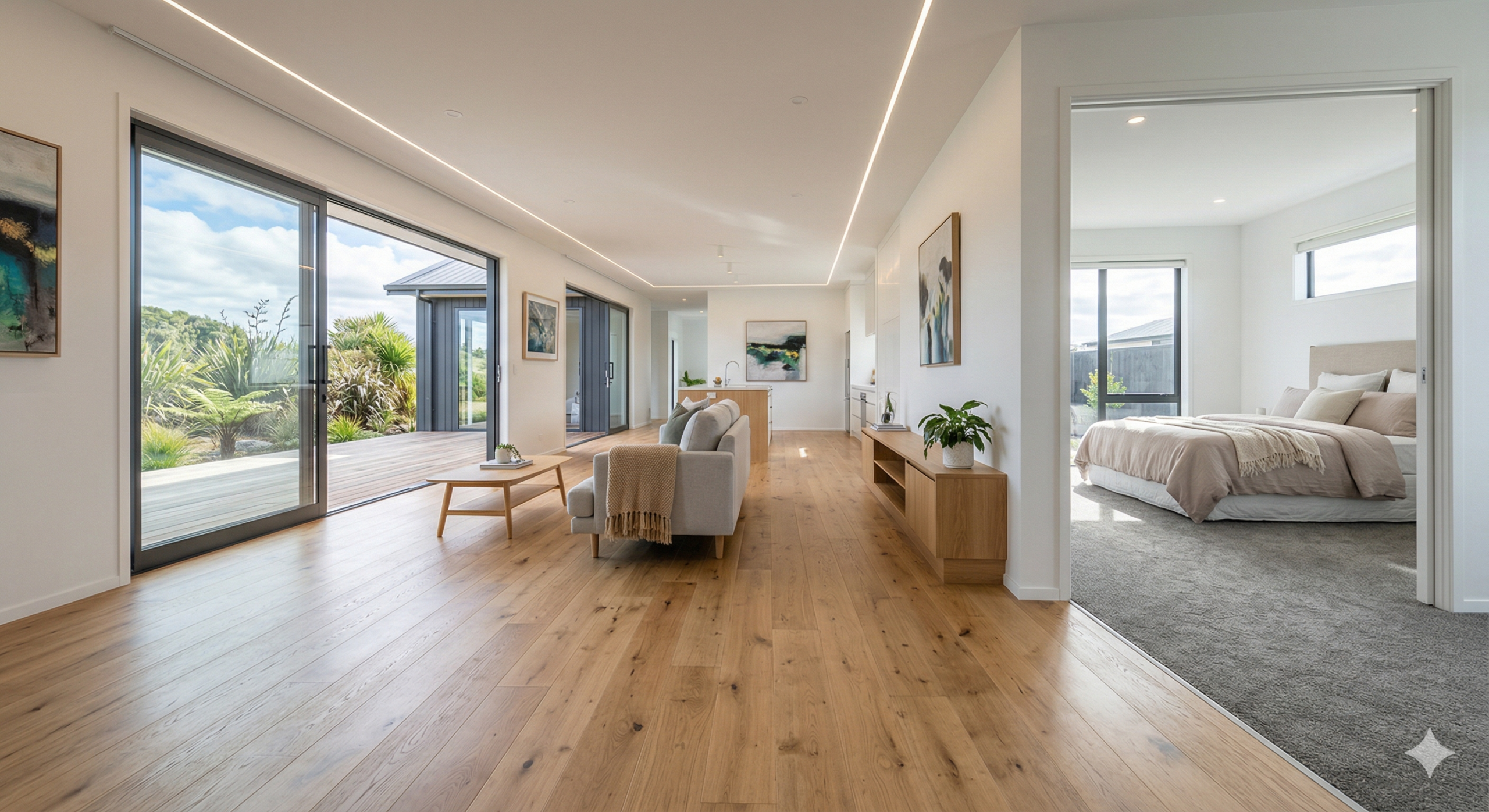 A modern open-plan New Zealand living room featuring premium engineered timber flooring seamlessly transitioning into a carpeted bedroom.