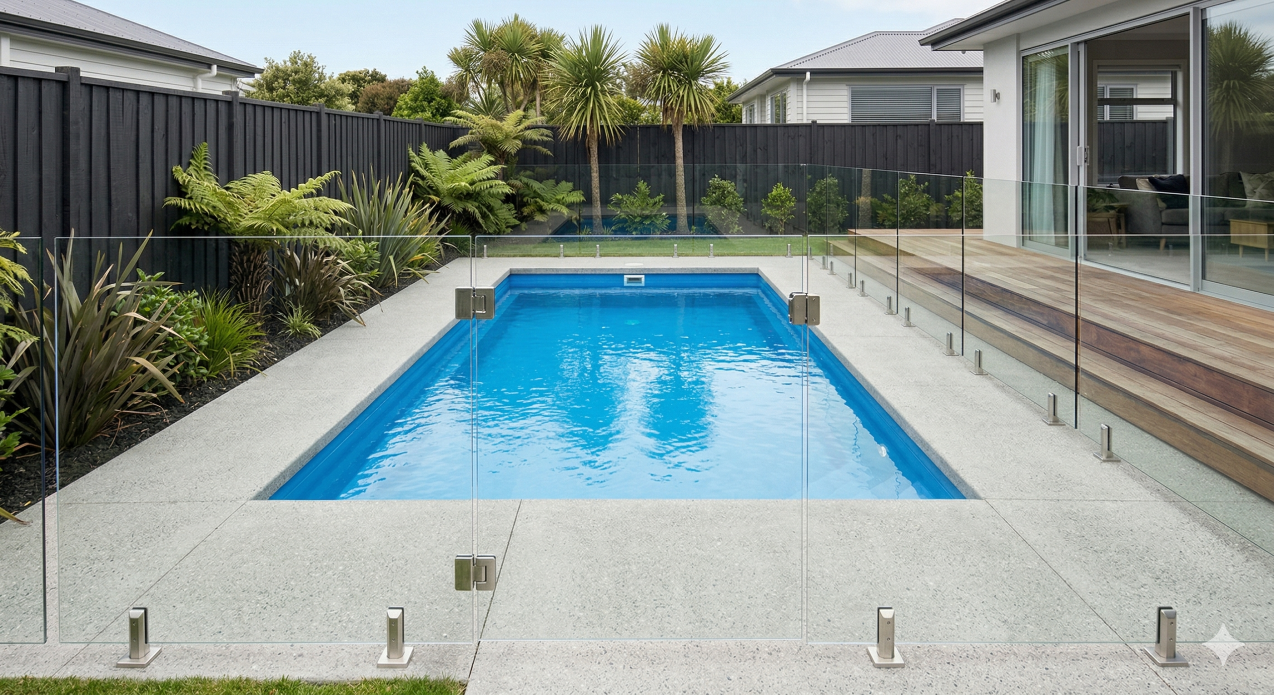 A newly installed rectangular fibreglass swimming pool in a modern New Zealand backyard, featuring frameless glass pool fencing and exposed aggregate concrete surrounds.
