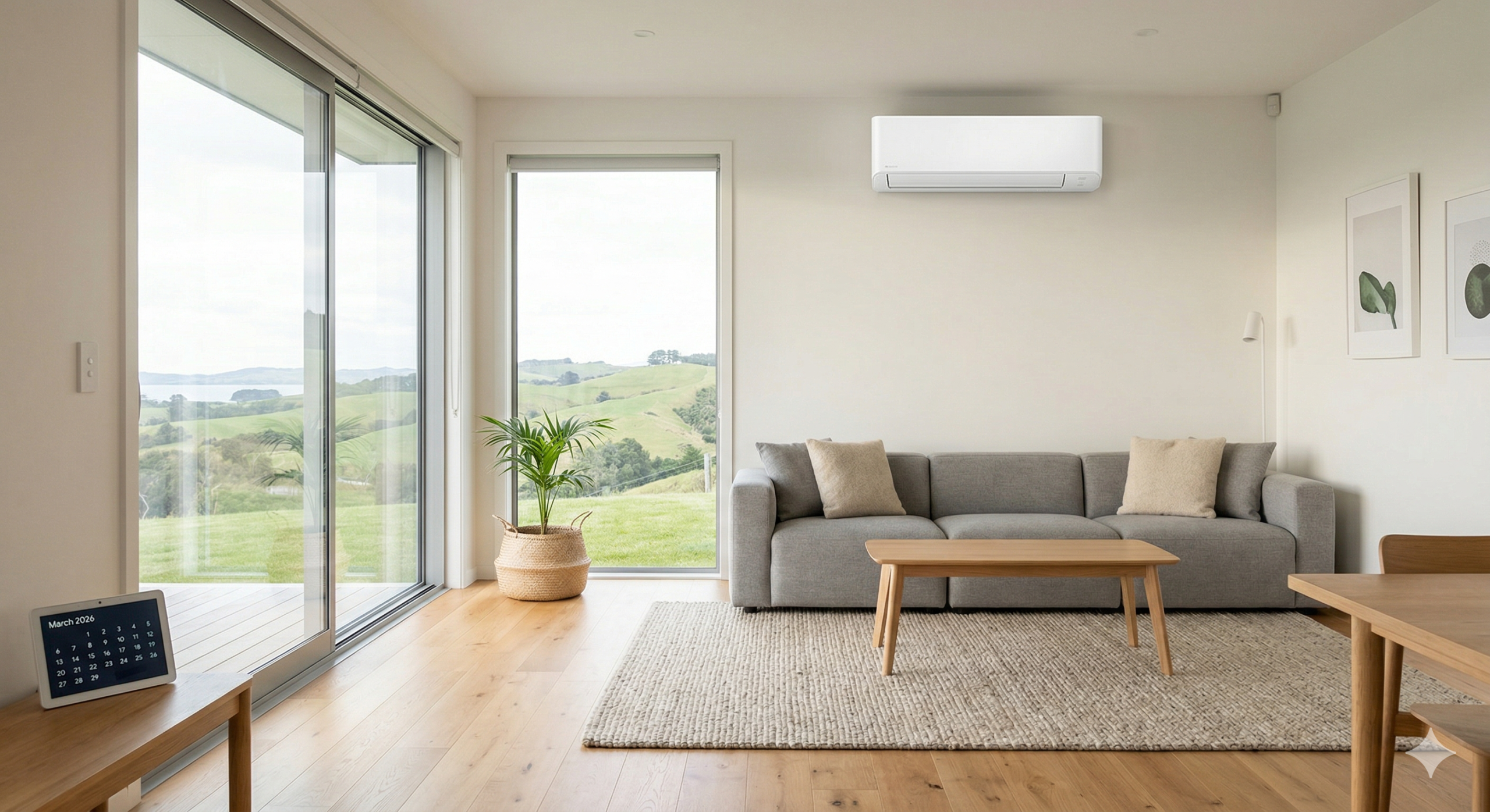 A sleek, modern high-wall split system heat pump installed in a contemporary New Zealand living room with natural light and timber flooring.