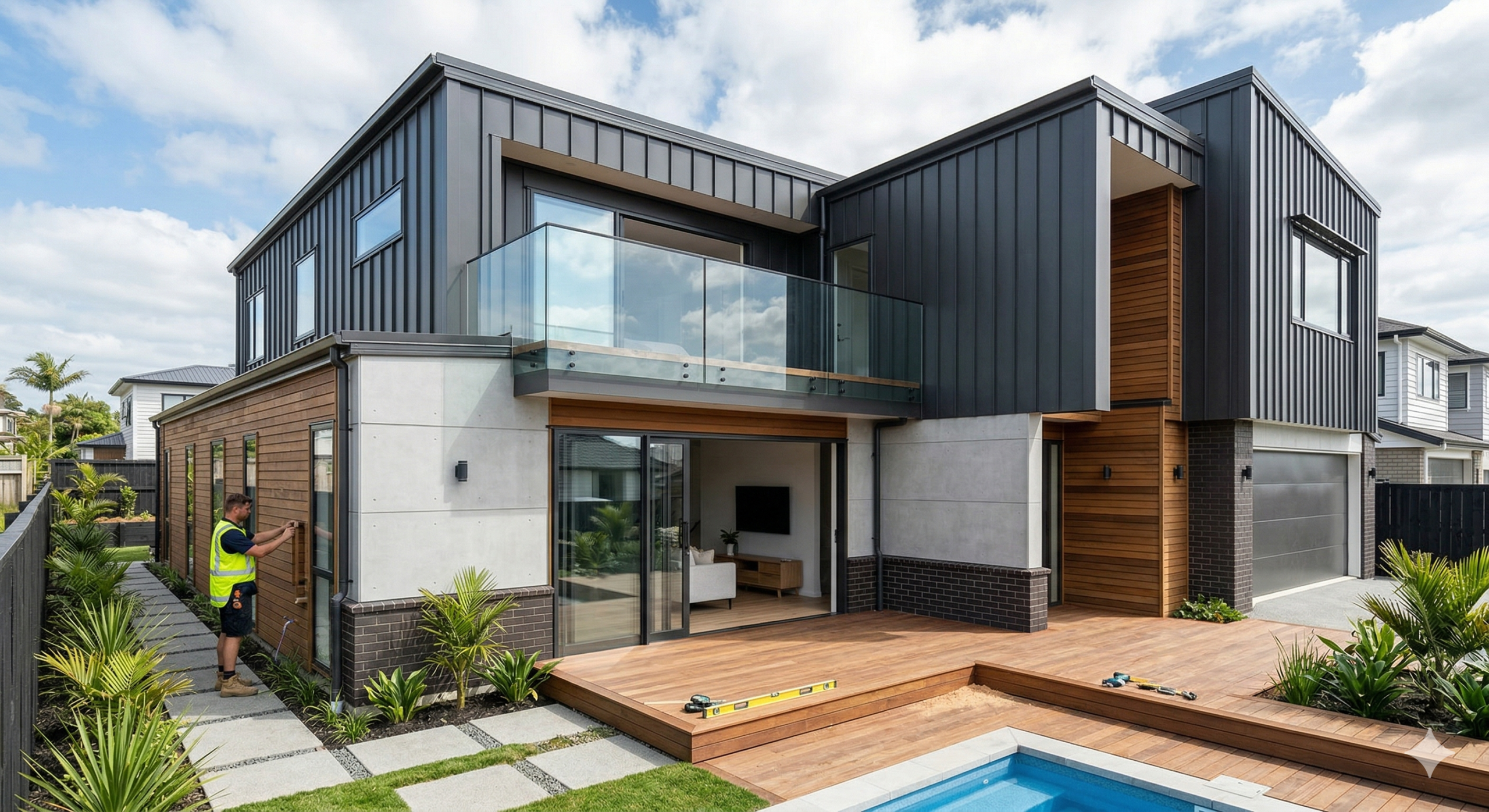 A modern New Zealand home exterior featuring a mix of vertical cedar weatherboards and dark Colorsteel standing seam cladding.