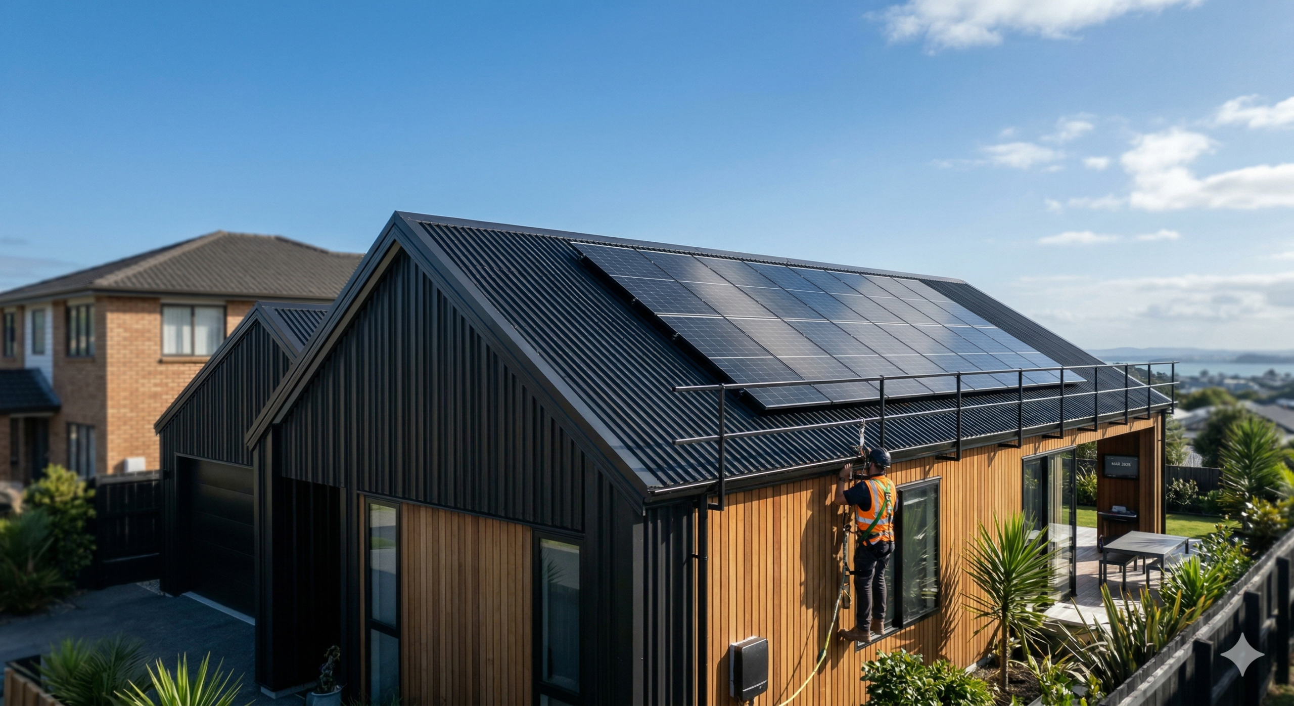 Sleek black modern solar panels installed on the dark Colorsteel roof of a contemporary New Zealand home against a clear blue sky.