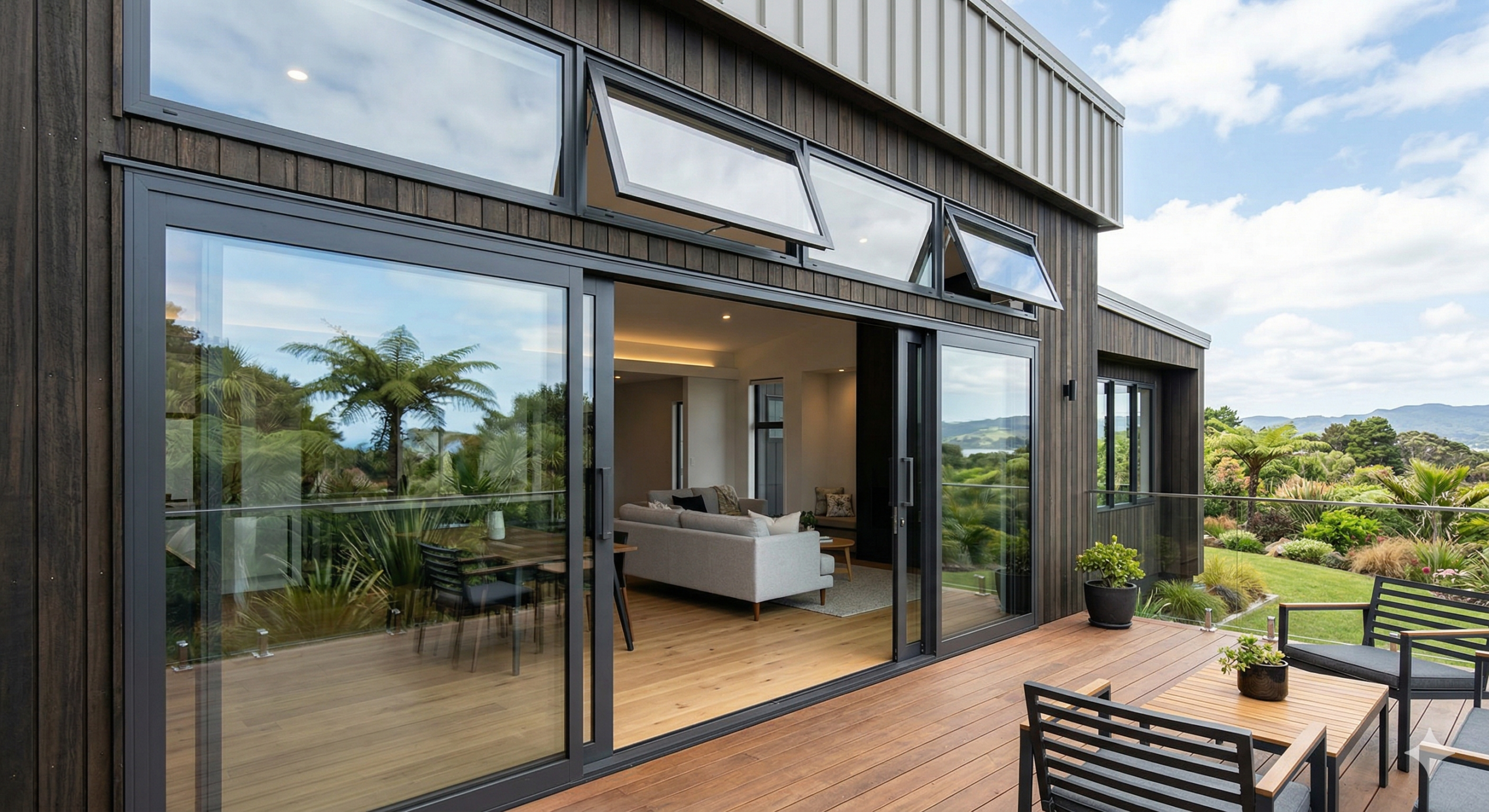 A newly installed set of modern thermally broken aluminium double-glazed windows and a ranch slider in a renovated New Zealand home.