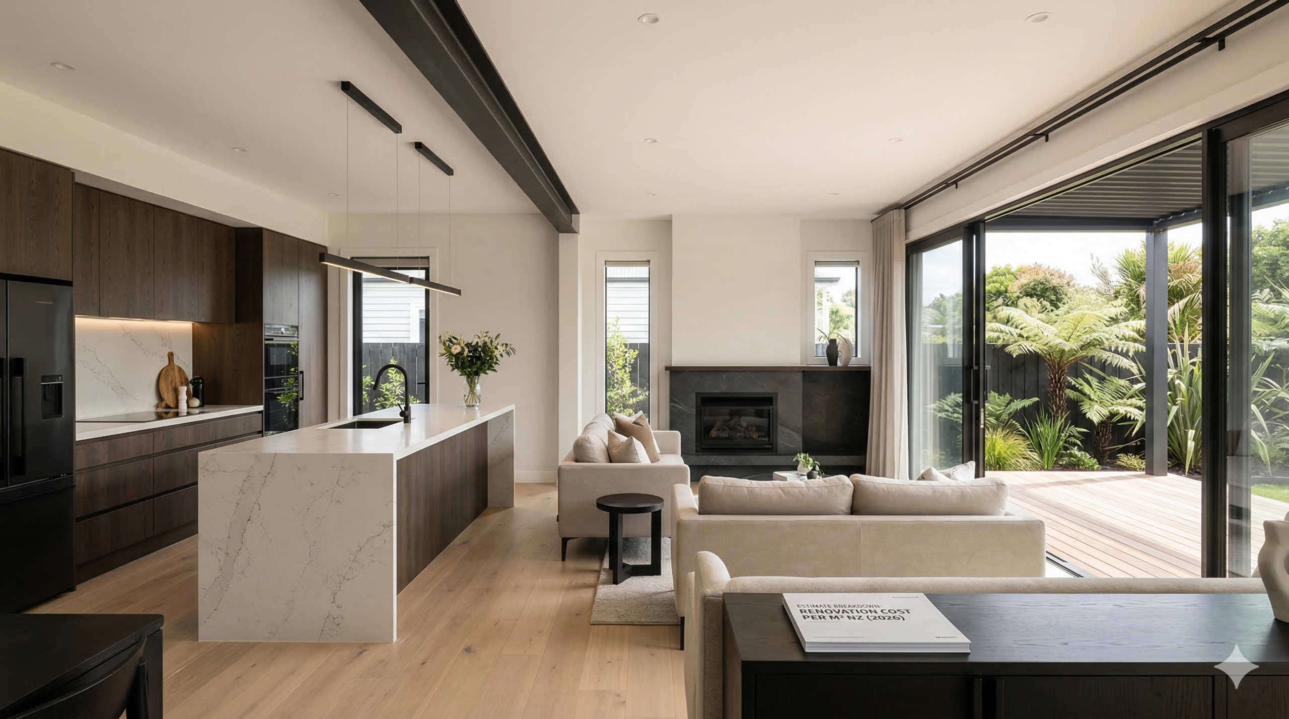 A newly renovated, premium modern open-plan New Zealand villa interior, featuring a high-end kitchen island, connected living area with fireplace, visible structural steel beam, and seamless indoor-outdoor flow to a timber deck.