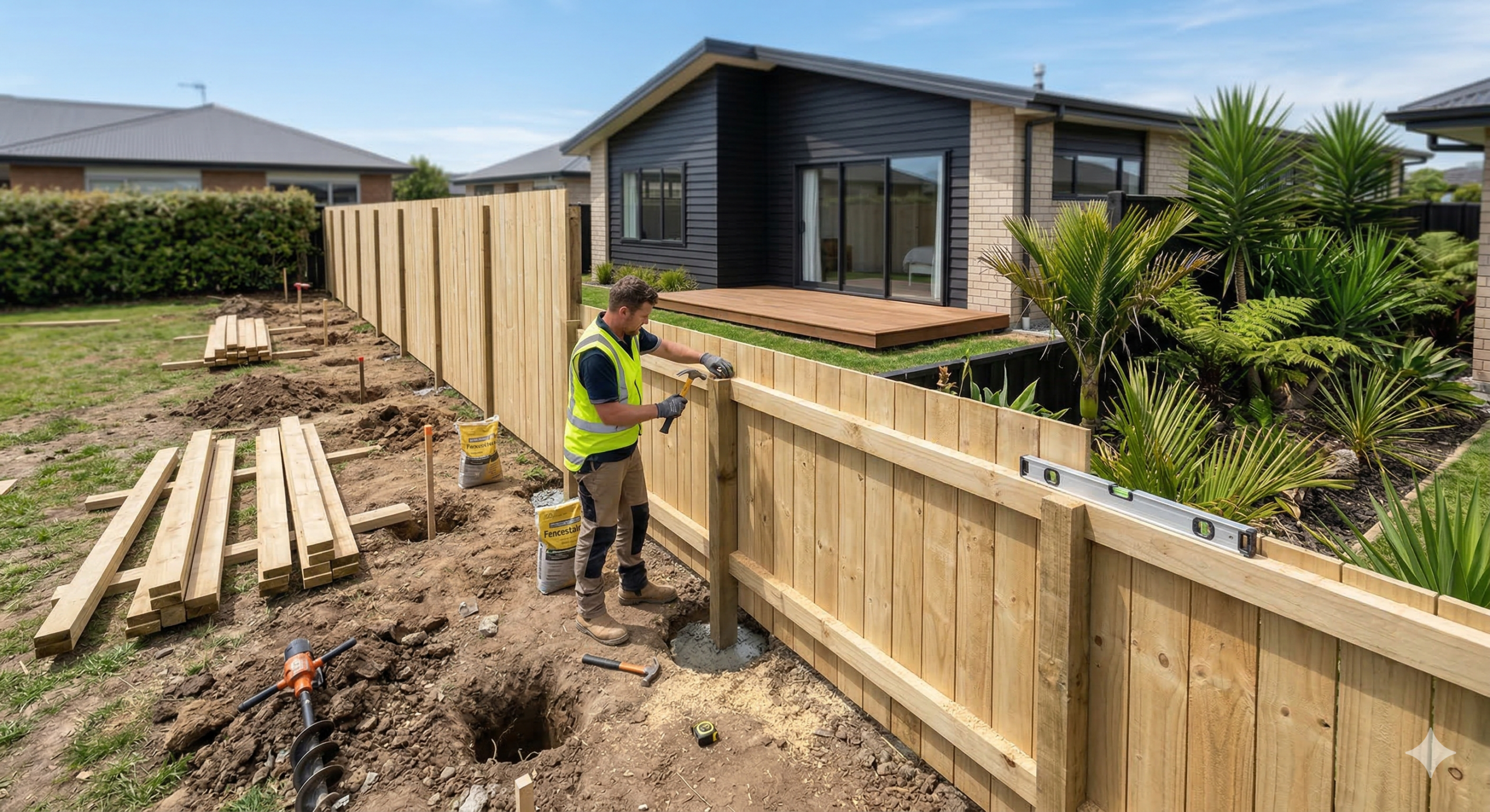a professional fencer installing a treated timber (pine) boundary privacy fence in a modern New Zealand suburban backyard in Auckland, complete with exposed posts, rails, close-boarded pales, and a Bag of ready-mix concrete near a post hole.