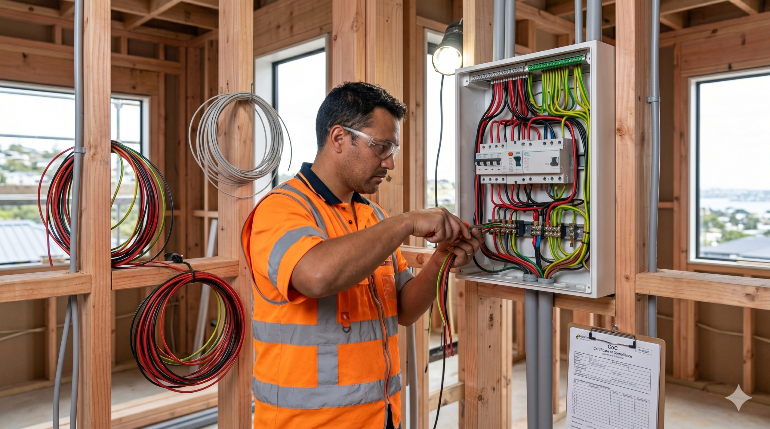 A licensed New Zealand electrician in a high-vis vest carefully wiring a modern residential switchboard inside a timber-framed house.
