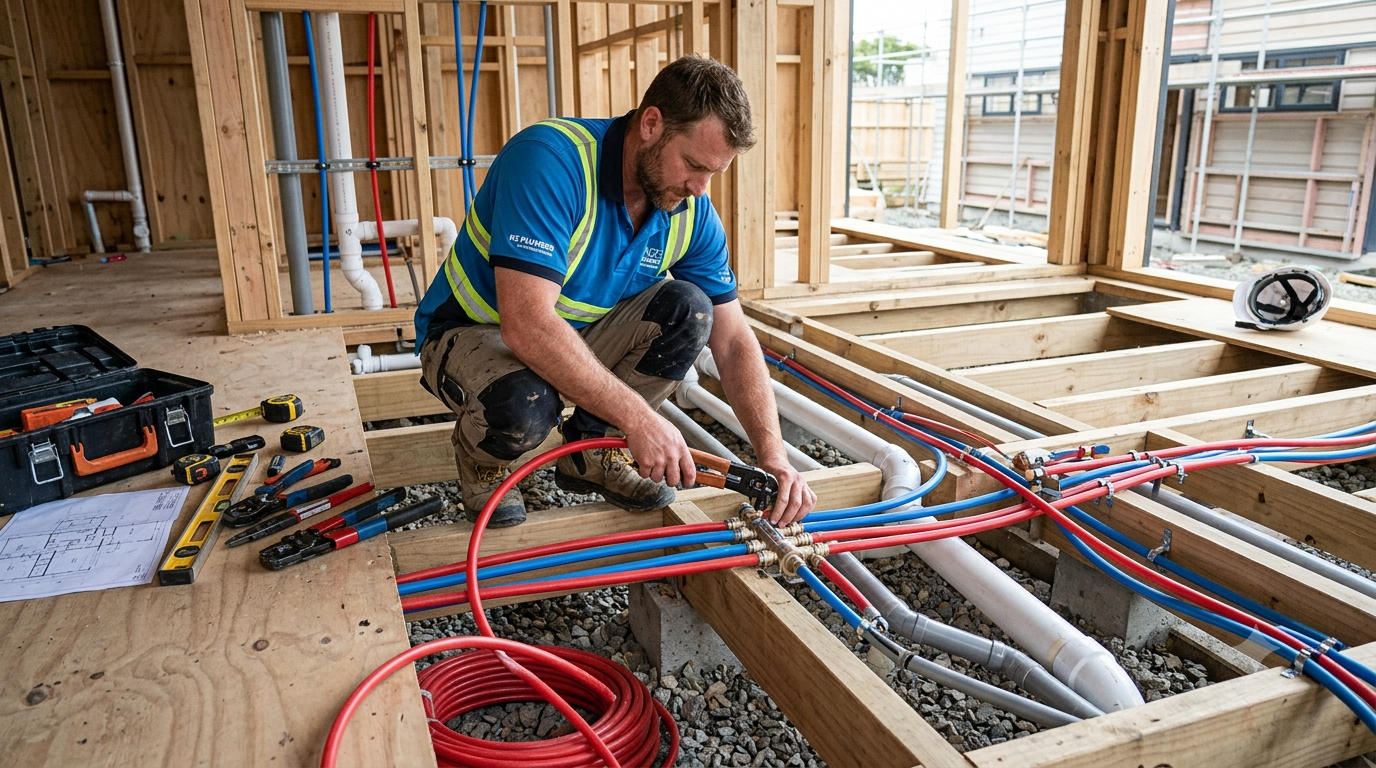 A licensed New Zealand plumber installing modern PEX water supply pipes and PVC drainage under a timber floor framework.