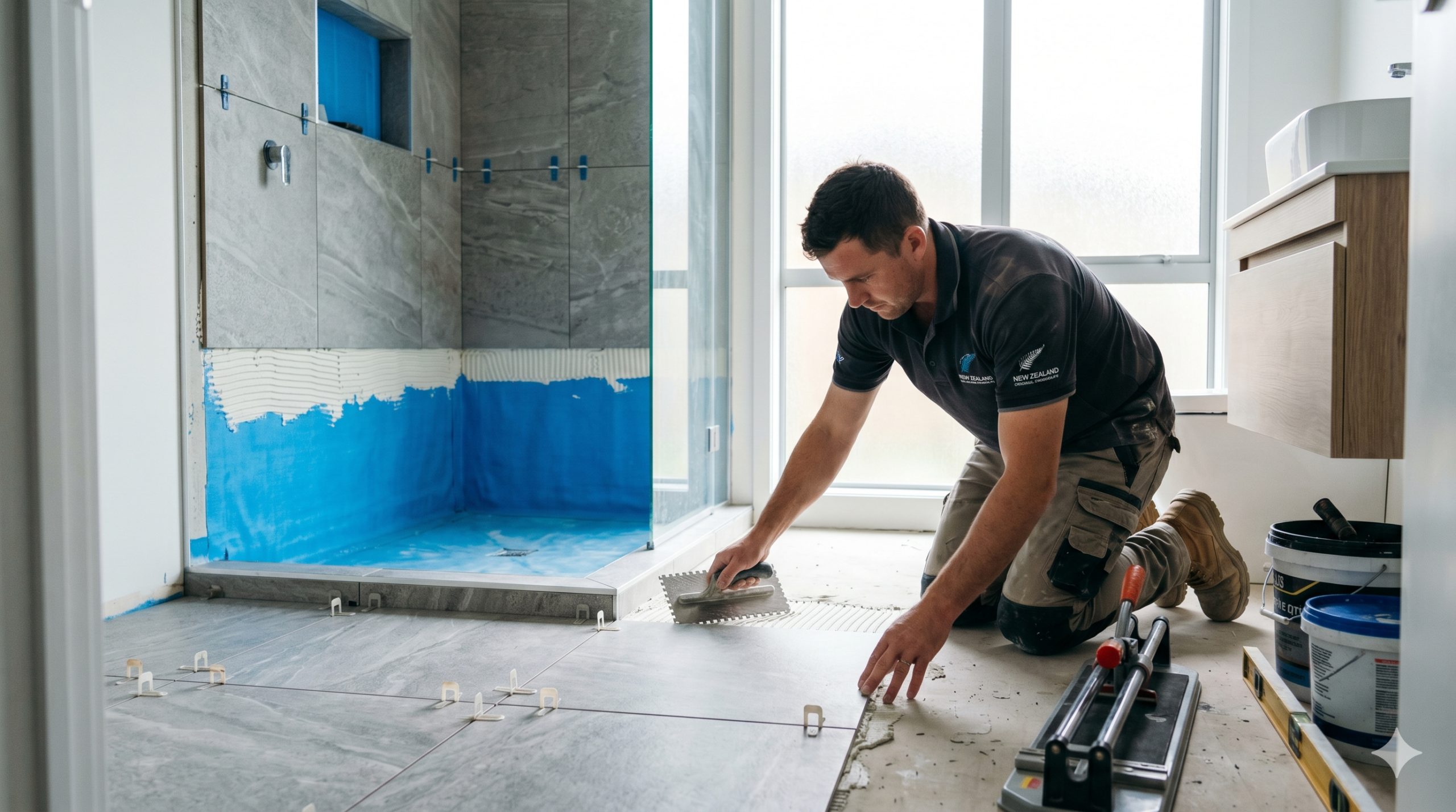 A professional New Zealand tiler installing large format grey porcelain tiles in a modern bathroom over a blue waterproofing membrane.