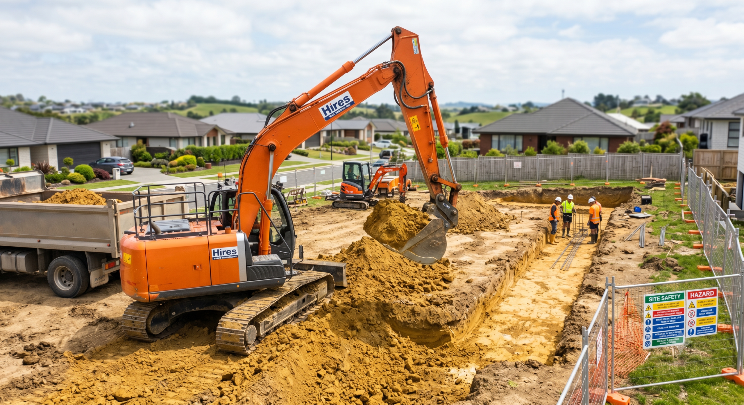 A heavy orange excavator digging a foundation trench on a residential construction site in New Zealand, preparing the clay ground for a concrete slab.