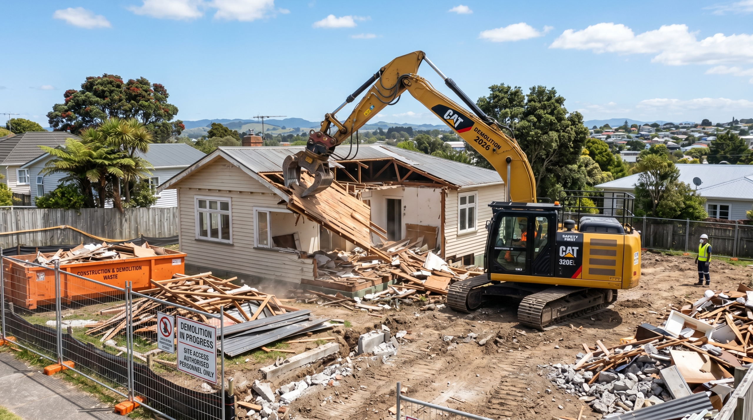 A large yellow excavator carefully demolishing an old residential timber house on a cleared site in New Zealand under a blue sky.