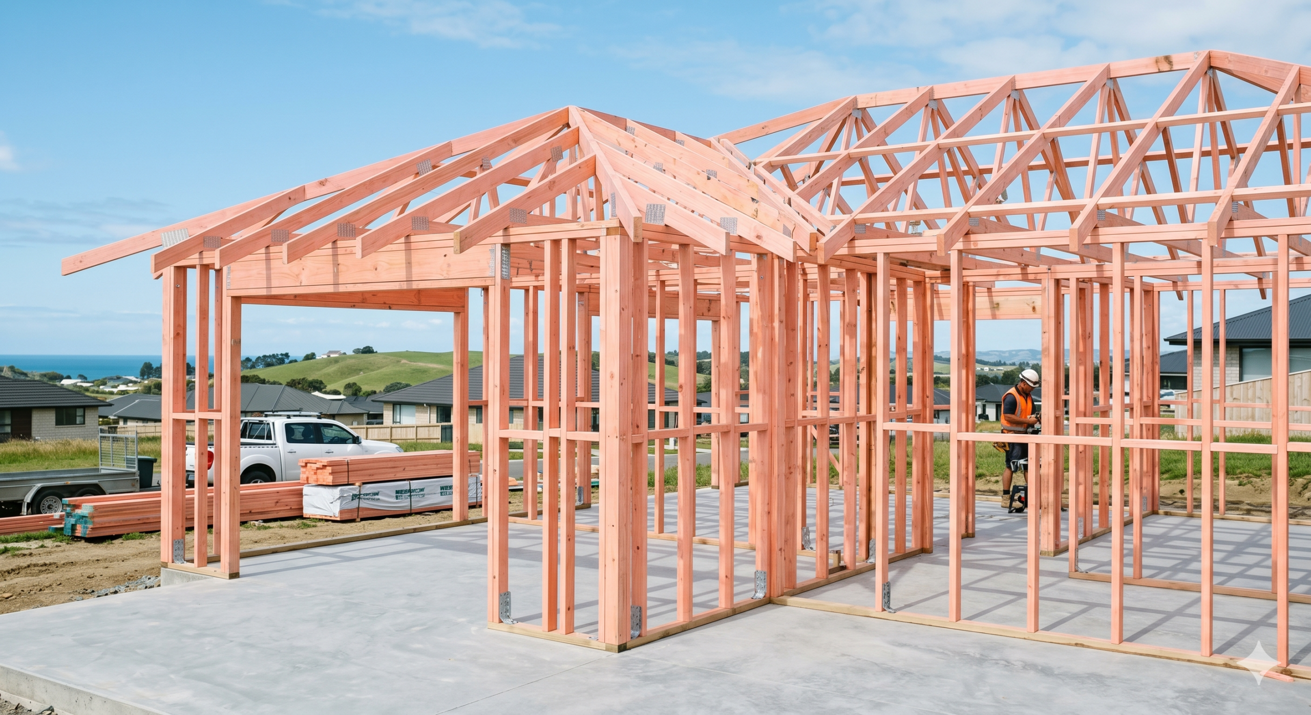 Freshly erected pink H1.2 treated timber wall frames and roof trusses on a residential concrete slab in New Zealand.