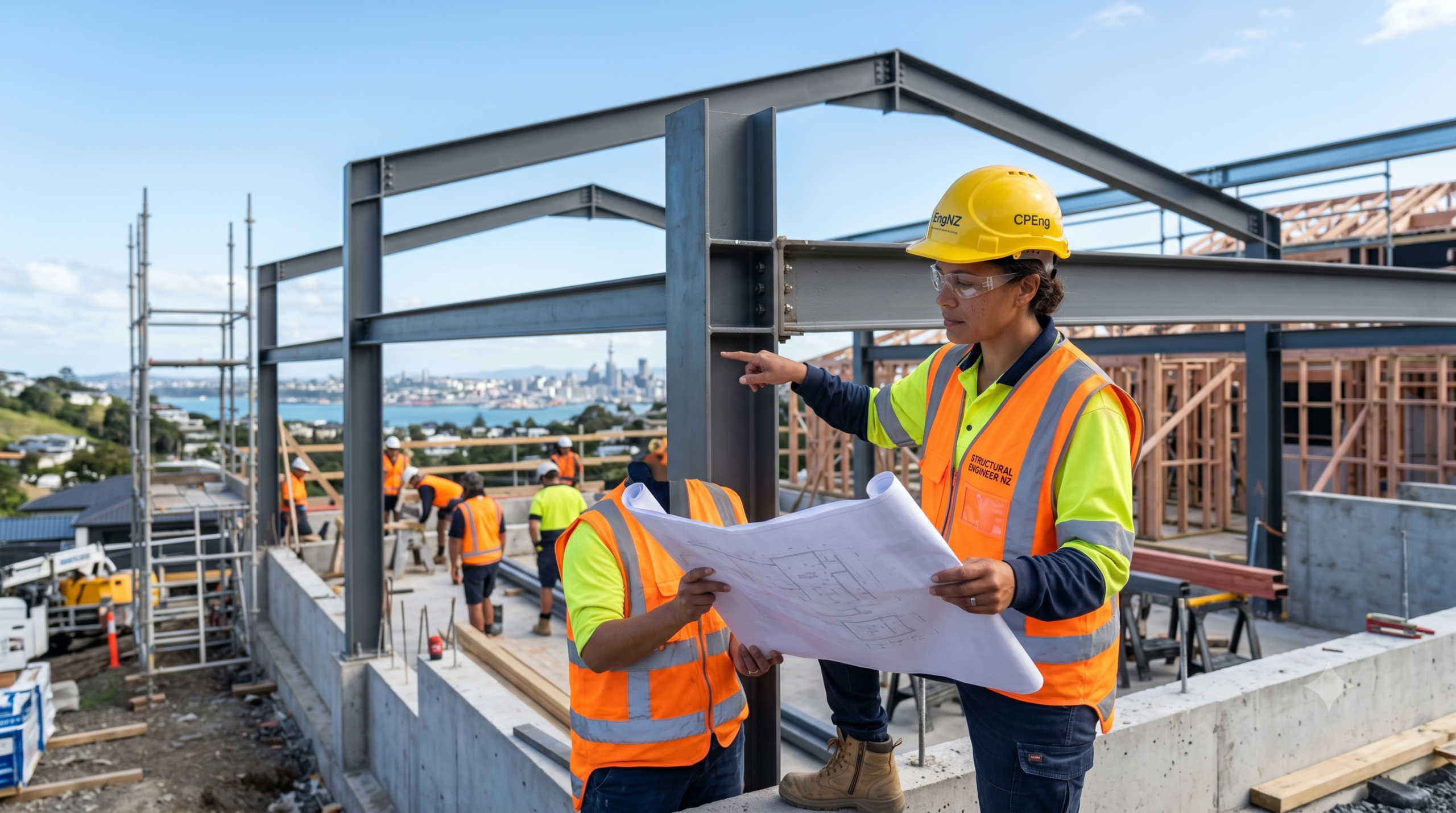 A New Zealand structural engineer in a high-vis vest and hard hat reviewing structural steel framework and architectural plans on a residential construction site.