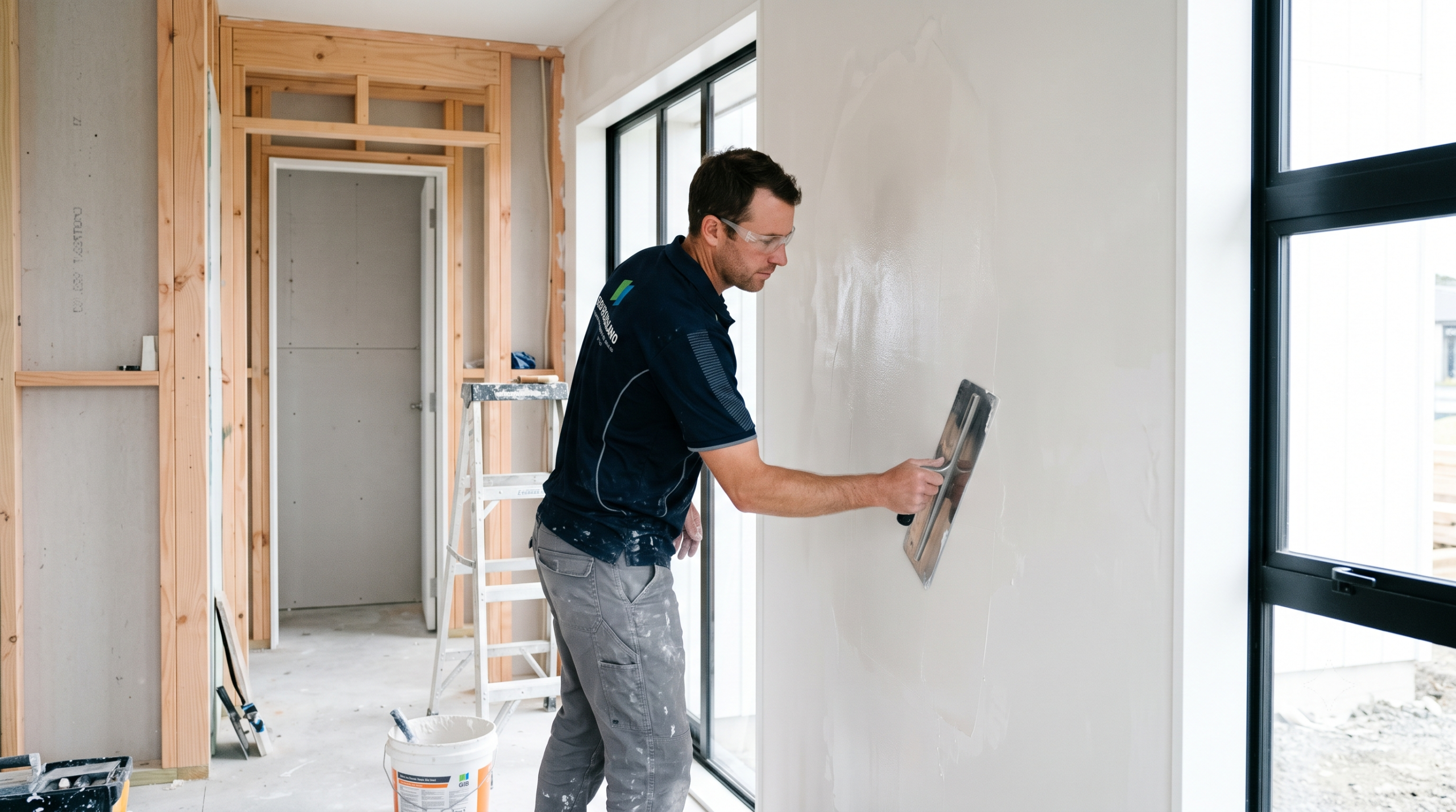 A professional New Zealand plasterer applying a skim coat to GIB board joints in a new residential build, aiming for a Level 5 paint finish.