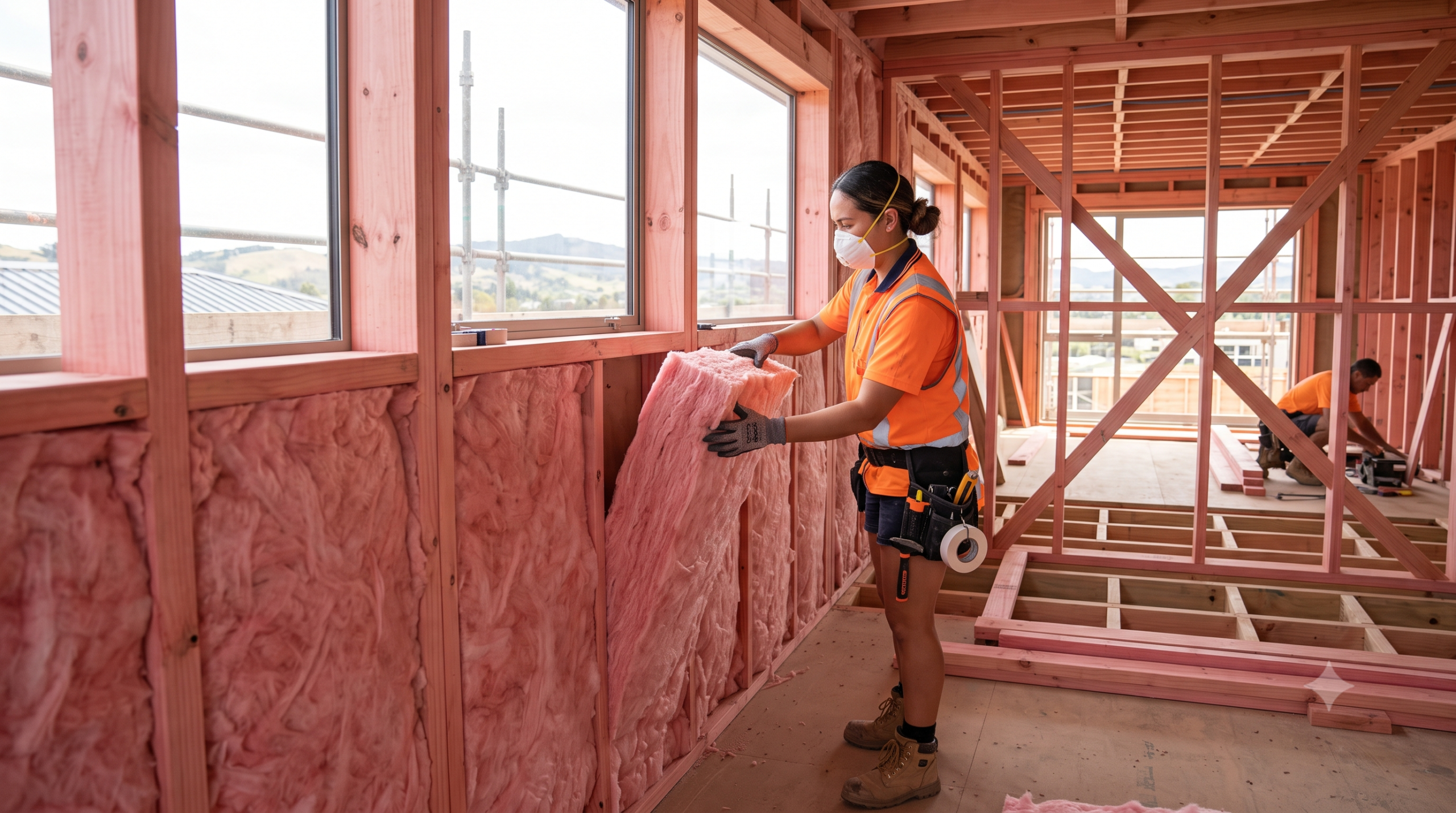A professional New Zealand installer fitting thick fibreglass insulation batts into the timber wall framing of a new residential build.