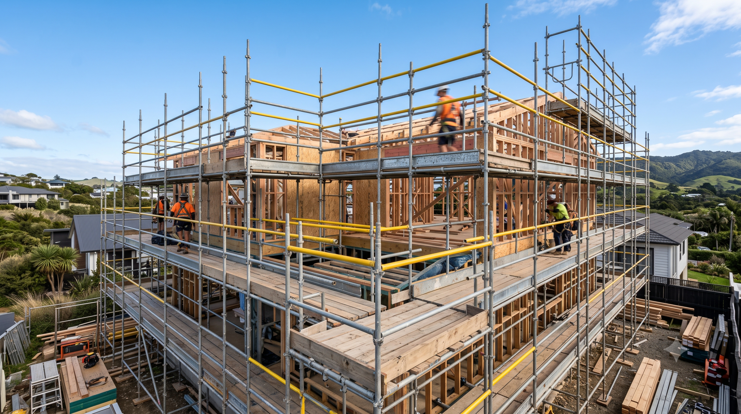A multi-level residential construction site in New Zealand fully enclosed in heavy-duty steel scaffolding with edge protection, ready for roofing and cladding.